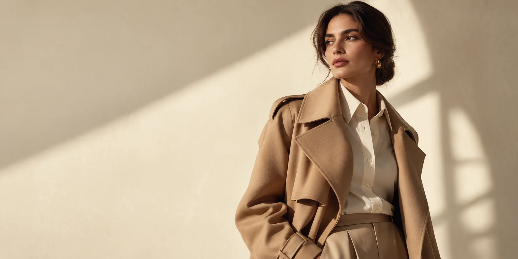 Tailored camel and ivory looks in warm architectural light
