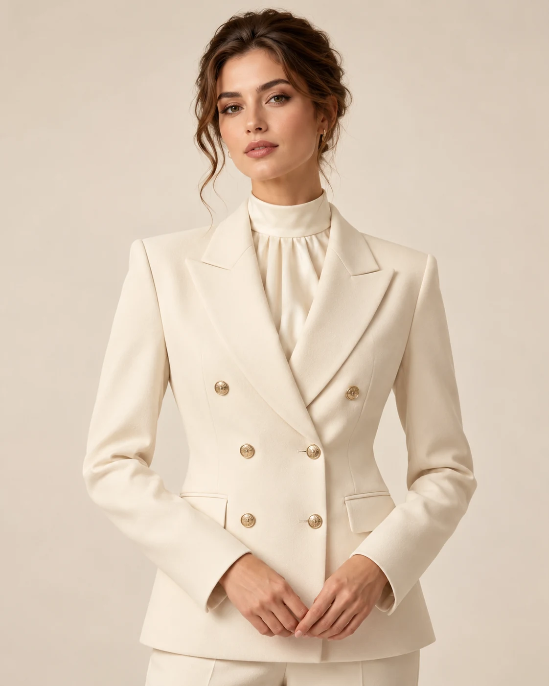 Woman in a tailored ivory blazer