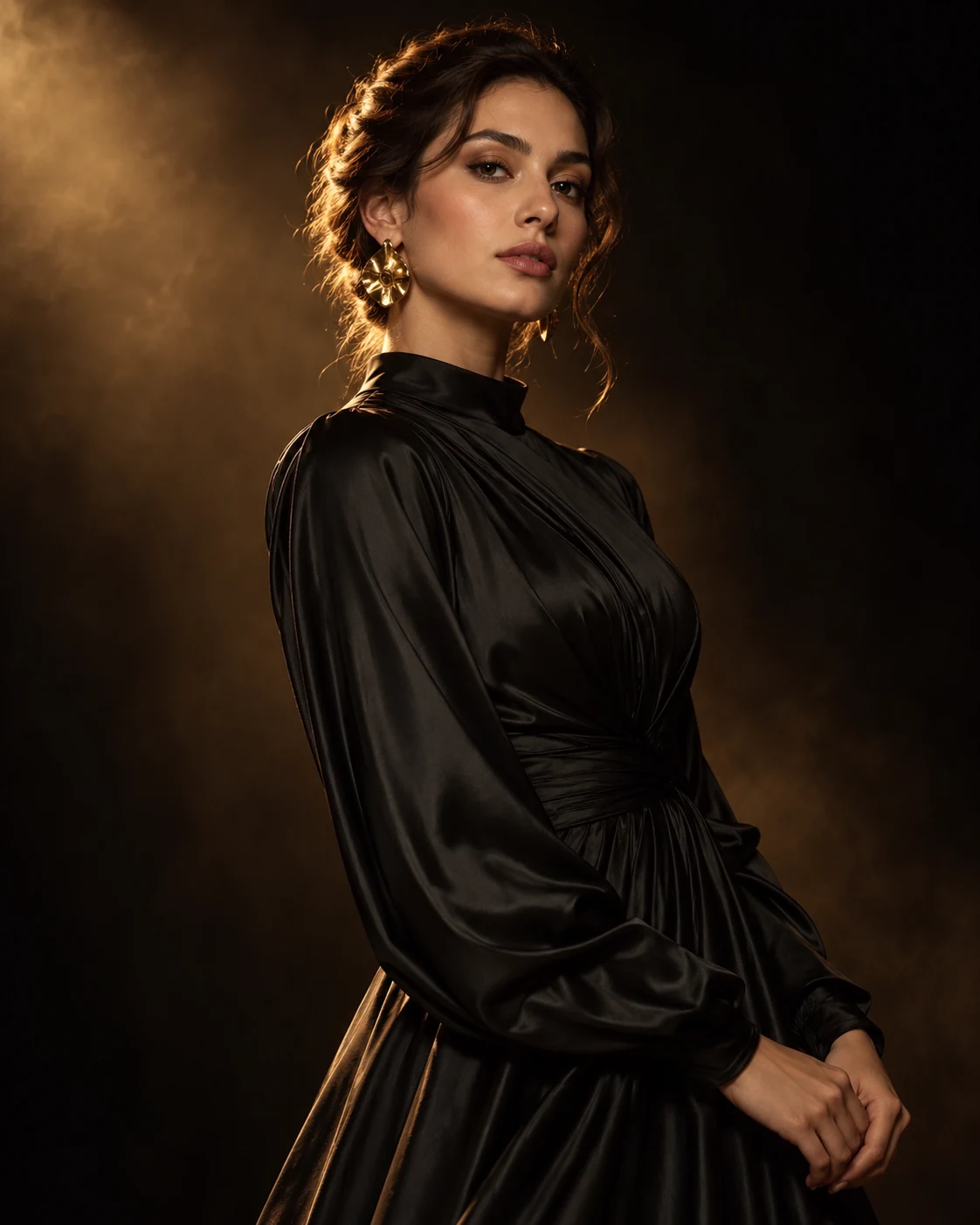 Black silk evening look in bronze light