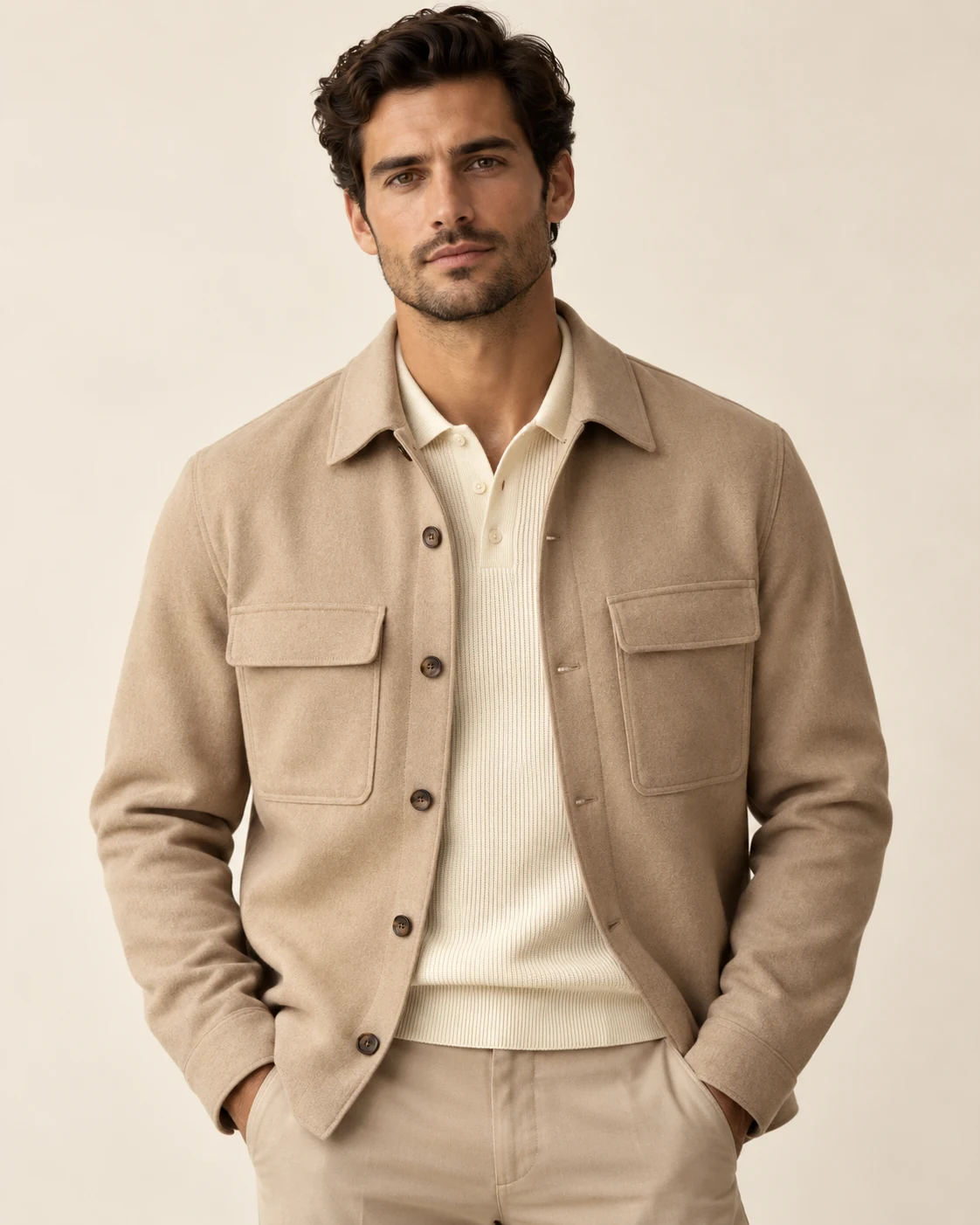 Man in a sand tailored overshirt